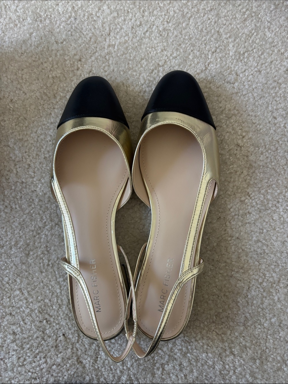 Marc Fisher Metallic Gold Slingback Flats with Black Cap Toe -run slightly large